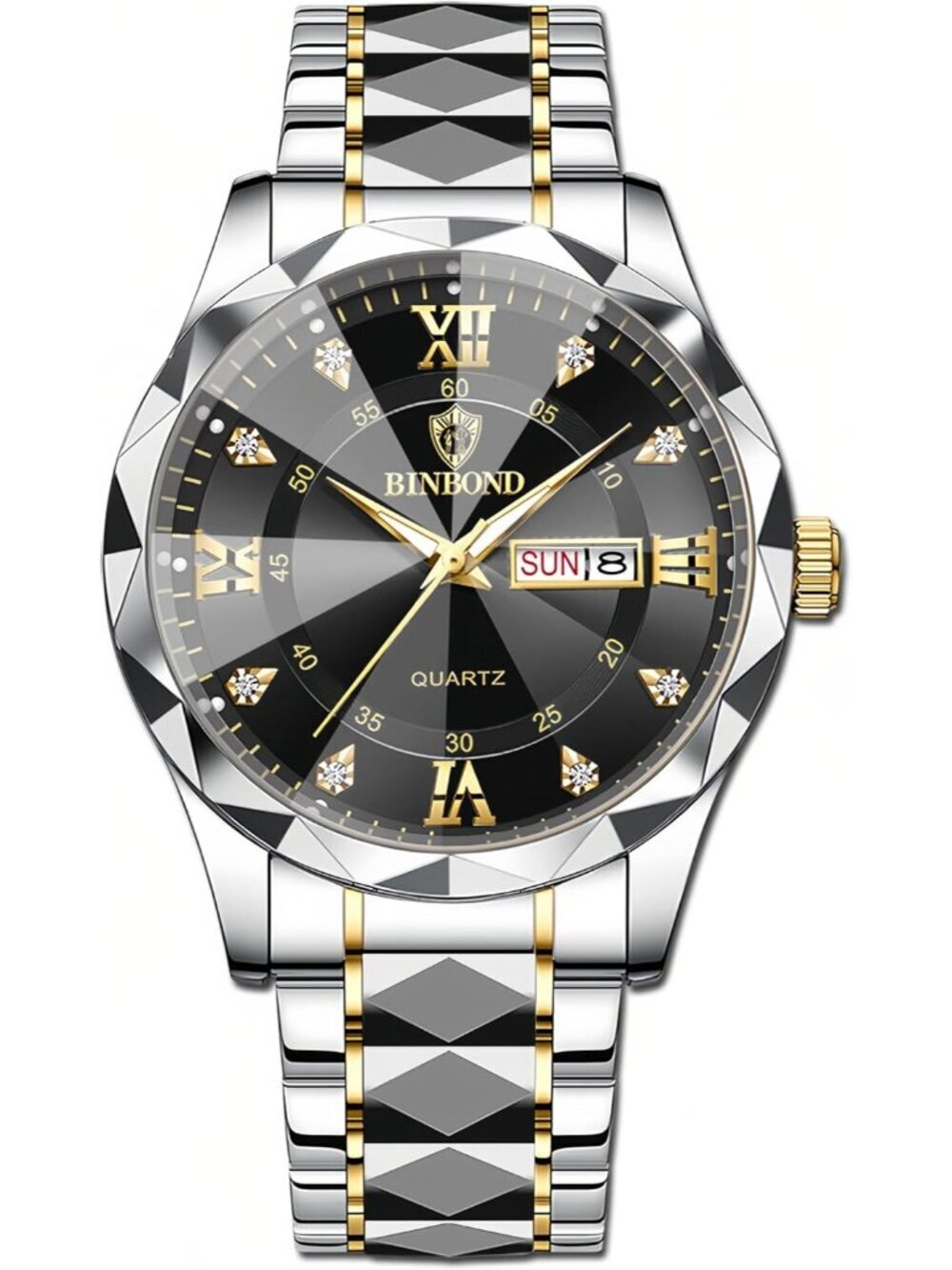 Unisex Silver Black Analog Stainless Steel Roman Numeral Diamond Luxury Watch